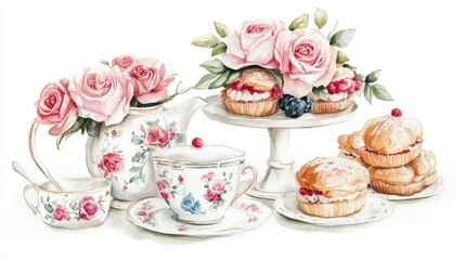 Watercolor illustration of British afternoon tea,tea break in the English style,tea set with Afternoon tea stand with macaroons and scone,cake,cup of tea,Tea time dessert table,vintage style.
