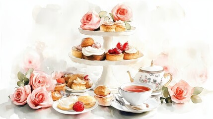 Watercolor illustration of British afternoon tea,tea break in the English style,tea set with Afternoon tea stand with macaroons and scone,cake,cup of tea,Tea time dessert table,vintage style.