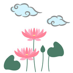 中華風な雲と蓮の花のイラスト素材セット