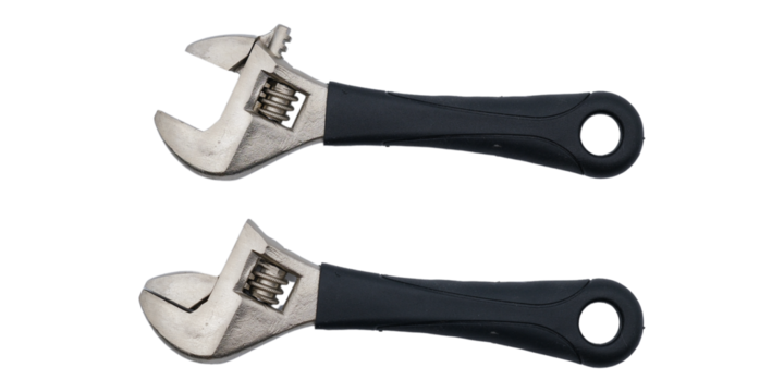 Two adjustable wrenches on a white background. transparent background