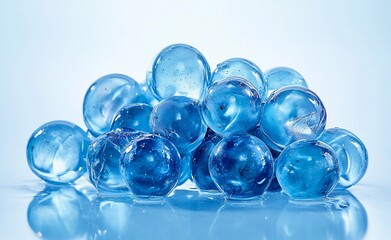 Close-up of translucent blue spheres, glistening, reflecting light.