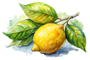 Yellow lemon is on a leaf. Isolated, on transparent background. PNG