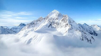 Obraz premium Majestic snow-covered mountain peak emerges from clouds under a clear blue sky, creating a breathtaking natural scene.