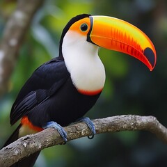 Fototapeta premium Vibrant toucan perched on a branch, showcasing its colorful beak and plumage against a blurred green background.