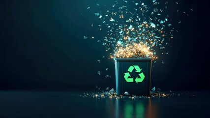 Illuminated green recycling symbol on a dark background represents eco friendly innovation, recycling efforts, and green business initiatives