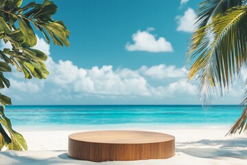 Fototapeta premium Tropical beach scene with wooden display platform. (1)