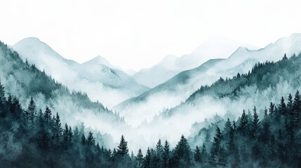 Obraz premium Watercolor of landscape forest misty mountains horizon and fog and hills,pine tree fir tree,Autumn forest background,drawn by hand,Autumn illustration design elements for landscape,wallpaper.