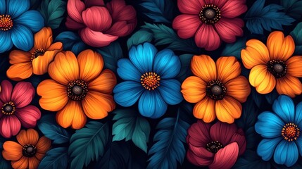Vibrant floral pattern featuring a variety of colorful flowers and lush green leaves on a dark background