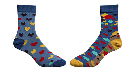 Close-up photograph of a pair of mismatched socks with different patterns isolated on transparent background PNG