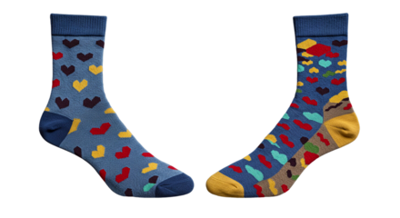 Close-up photograph of a pair of mismatched socks with different patterns isolated on transparent background PNG