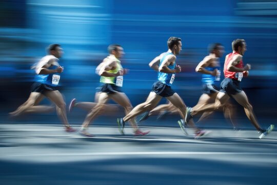 A group of men runners running in a road race, marathon run contest