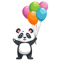 Cute panda holding colorful balloons in hands vector illustration. Character image for birthday greetings and cartoon style clothing print.