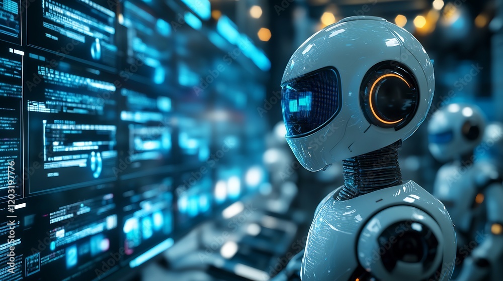 Poster clean scene of ai chatbots interacting in a computer interface with bright blue hues in the backgrou