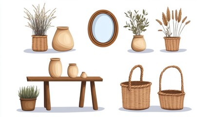 Decorative Home Elements with Vases, Plants, and Natural Textures