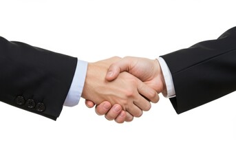 Obraz premium A close-up of a handshake between two individuals wearing formal suits, symbolizing agreement and professionalism isolated on white background
