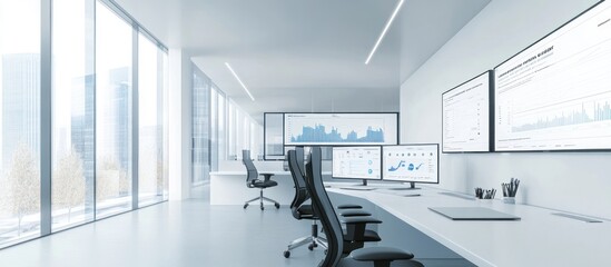 Modern office, city view, data analysis, workstations