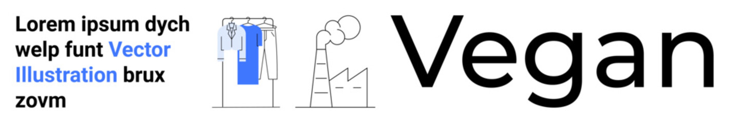 Minimalistic art featuring a factory with emissions, a hanging plant-based product, and the word Vegan. Ideal for environmental awareness, veganism, sustainability, healthy lifestyle, minimalism