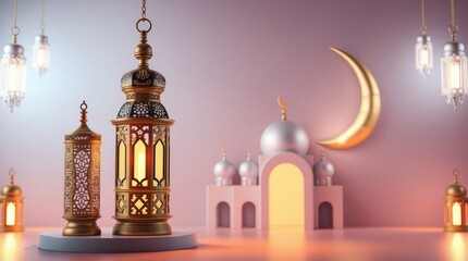 Obraz premium Ethereal Ramadan background 3D modern Islamic art depicting an ornamental Arabic lantern, metal moon, and mosque portal. Vibrant complimentary colors 