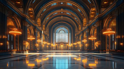Fototapeta premium Grand hall, opulent interior, marble floor, arched ceiling, golden lights, futuristic background, event venue