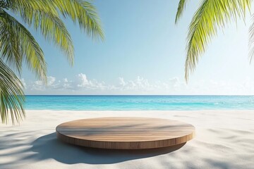 Obraz premium Tropical beach scene with empty wooden platform.