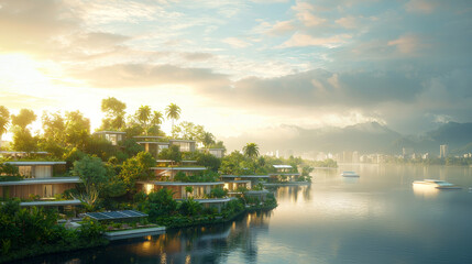 Fototapeta premium Scenic sunrise over elegant waterfront villas serene lakefront digital artwork tropical paradise panoramic view eco-friendly living concepts