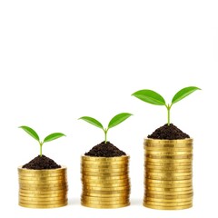 Stacks of golden coins of varying heights each topped with a small green sprouting plant isolated on white background