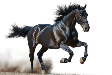 Black horse running gallop isolated on transparent background