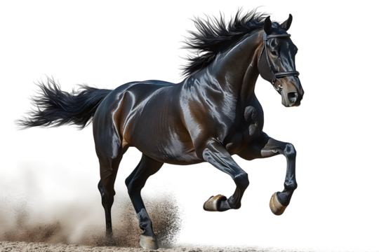 Black horse running gallop isolated on transparent background