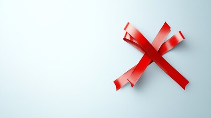 Obraz premium Minimalist image of an elegant red ribbon crossed on a smooth white background, symbolizing celebration or awareness.