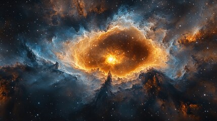 Fototapeta premium Stunning cosmic nebula with vibrant orange and blue colors, showcasing stellar formations and depth