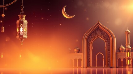 Ethereal Ramadan background 3D modern Islamic art depicting an ornamental Arabic lantern, metal moon, and mosque portal. Vibrant complimentary colors 