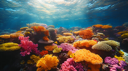 Naklejka premium a stunning coral reef viewing from above with vibrant lights of sun ai 