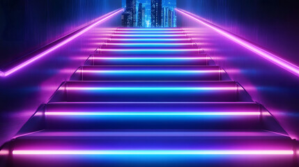 Neon-lit staircase in a sci-fi metropolis, glowing blue and purple lights illuminating each step, futuristic city skyline in the distance