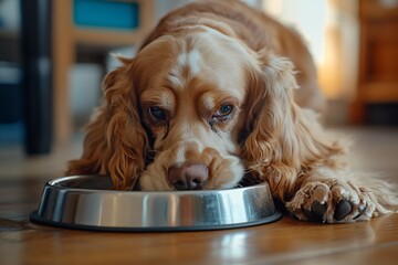 Cocker spaniel dog eating from a metal bowl on a wooden floor.