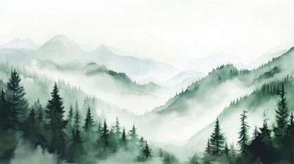 Watercolor of landscape forest misty mountains horizon and fog and hills,pine tree fir tree,Autumn forest background,drawn by hand,Autumn illustration design elements for landscape,wallpaper.