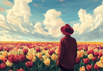 Fototapeta premium Person in red shirt and hat standing in a vast tulip field under a bright, cloudy sky.