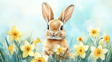 Obraz premium A watercolor illustration of a cute rabbit with Narcissus daffodils, a genus of mainly spring-flowering perennials, set against a light blue background