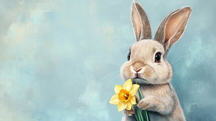 Obraz premium A watercolor illustration of a cute rabbit with Narcissus daffodils, a genus of mainly spring-flowering perennials, set against a light blue background