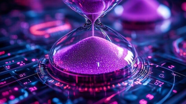 Closeup of a sleek purple hourglass with sand flowing steadily symbolizing the passage of time urgency in business deadlines and the critical importance of time management in professional settings