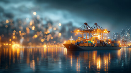 Fototapeta premium Cargo ship unloading containers at night port city maritime logistics urban waterfront aerial perspective industrial efficiency and trade
