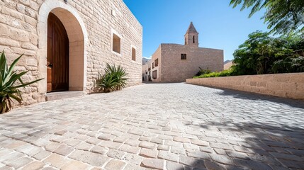 Sunlit Cobblestone Street in Historic Village