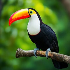 Vibrant toucan perched on a branch in lush greenery.