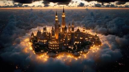 Fototapeta premium Cloudy dream aesthetic, A stunning image of a magical castle composed of glowing clouds and adorned with gold, perfect for fantasy and whimsical themes.