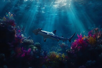Fototapeta premium Majestic hammerhead shark gracefully swims above vibrant coral reef in sunlit ocean.