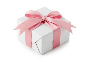 A small white gift box neatly wrapped with a soft pink ribbon bow isolated on white background