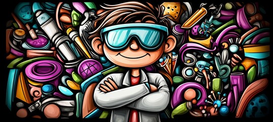 Happy scientist kid surrounded by colorful science doodles.