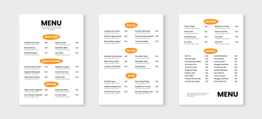 Simple food menu layout design. Menu template for restaurant and cafe. Flyer, brochure, poster vector design