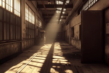 Sunbeams illuminate a dusty, abandoned industrial building's interior; worn wooden floor, aged walls, and broken windows.