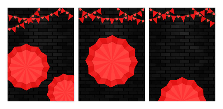 Red flag and heart lights garland riboon party decoration on black brick wall background template set