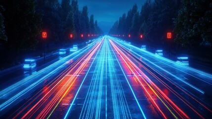 Obraz premium Night road traffic light trails, trees, futuristic city